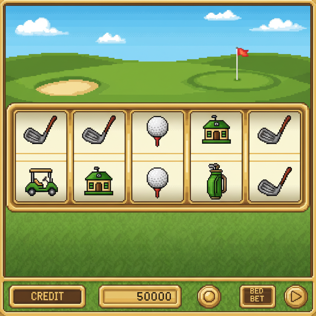 Golf 1 original slot game screenshot with classic five-reel layout, simple fairway background, and traditional golf club symbols on the reels