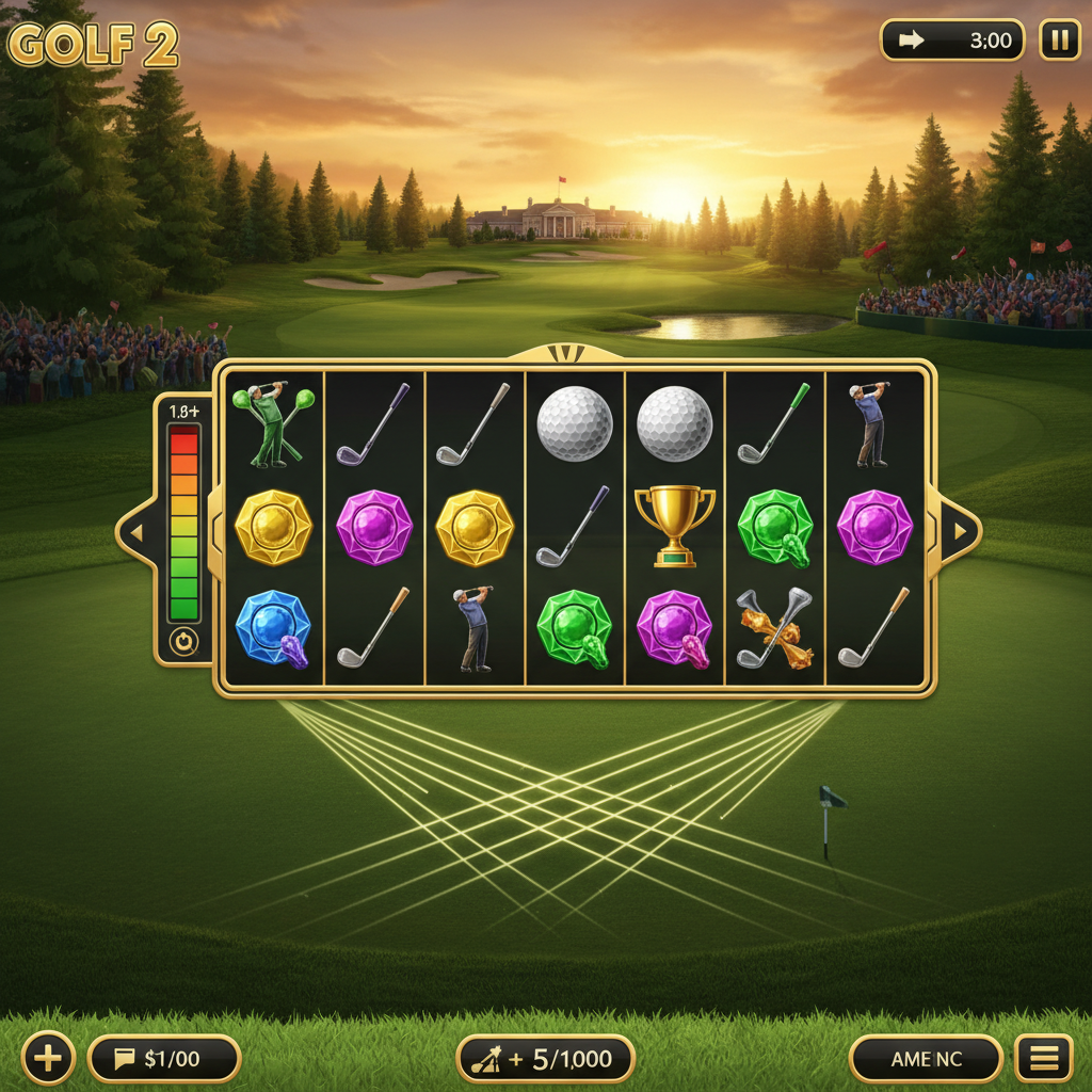 Golf 2 slot game screenshot featuring expanded six-payline layout, introduction of cascade mechanics, and a tournament-style course background with improved graphics