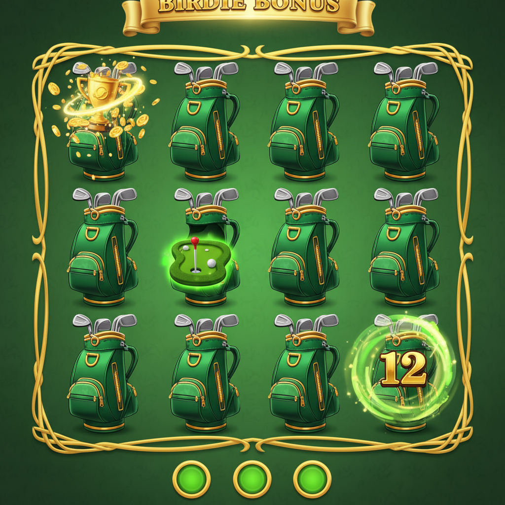 Golf 3 Birdie Bonus pick-me round showing a grid of twelve golf bags for player selection, with prize reveal animations in progress