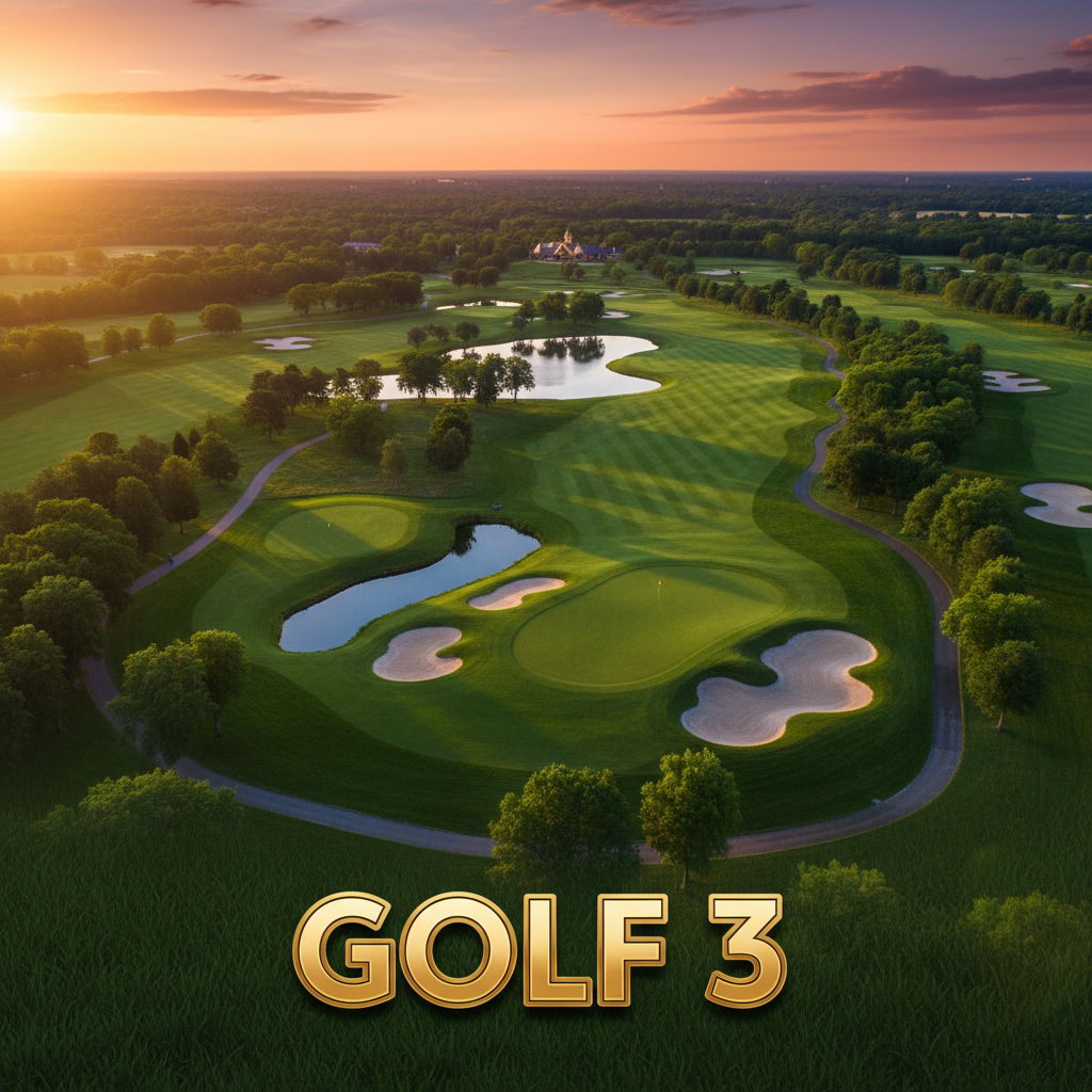 Aerial view of the Golf 3 championship course at golden hour, lush green fairways with a dramatic sky, setting the scene for the slot game