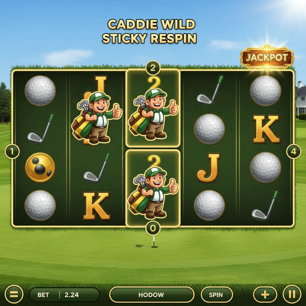 Golf 3 slot Caddie Wild sticky respin feature triggered with wilds locked on reels two and three, remaining reels spinning in background