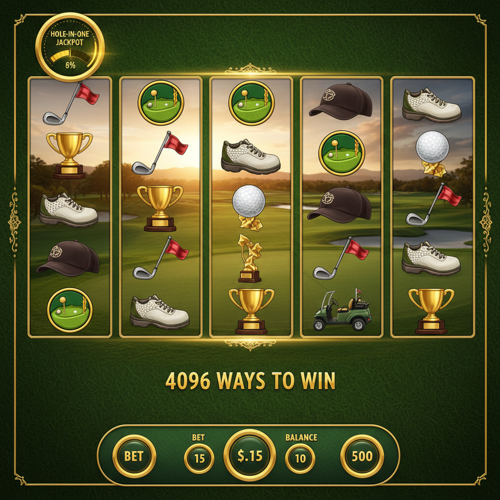 Golf 3 Championship Edition slot game screenshot with six-reel layout, 4,096 ways to win, visible Hole-in-One Jackpot tracker, and golden-hour championship course backdrop