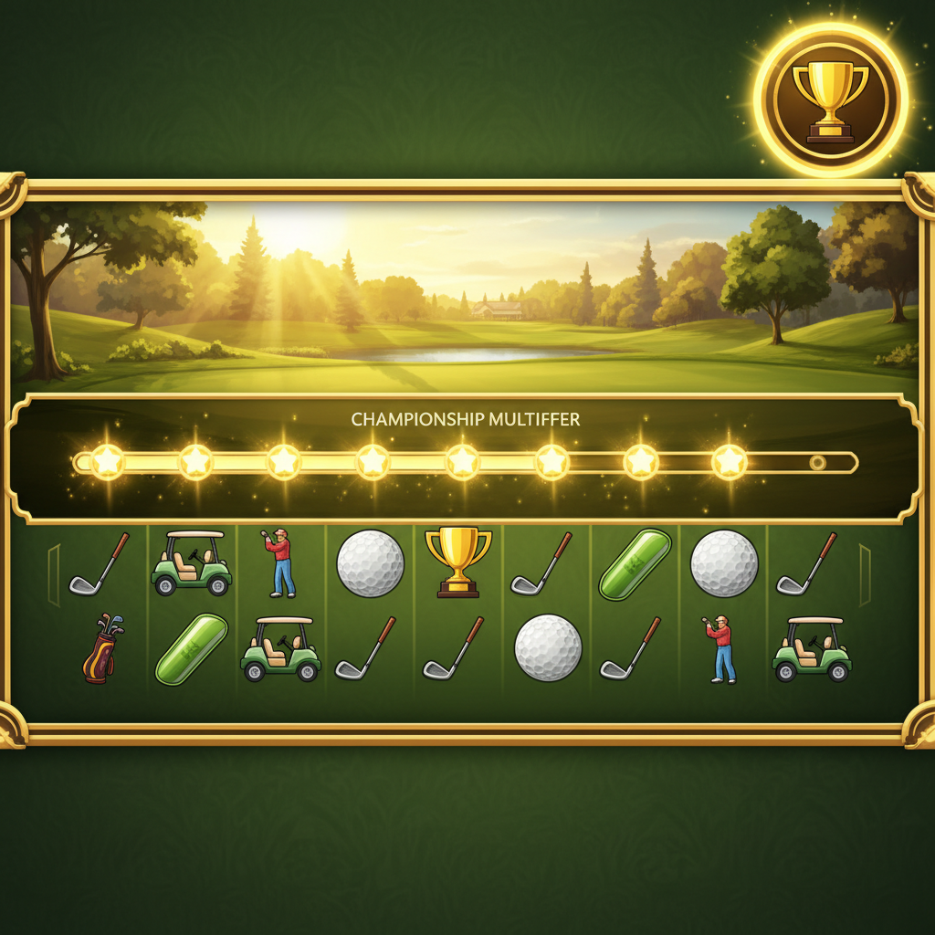 Golf 3 slot game Championship Free Spins mode fully active, showing the progressive multiplier trail lit up in gold against a sunlit 18th green with the jackpot indicator in the top right