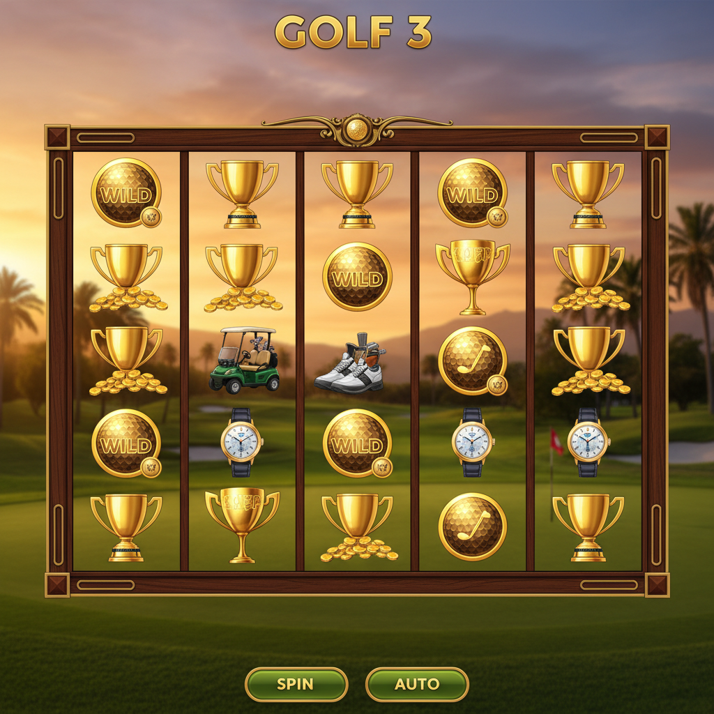 Golf 3 slot game reels screenshot showing the six-reel layout against a golden-hour championship course background with trophy symbols and wild icons visible