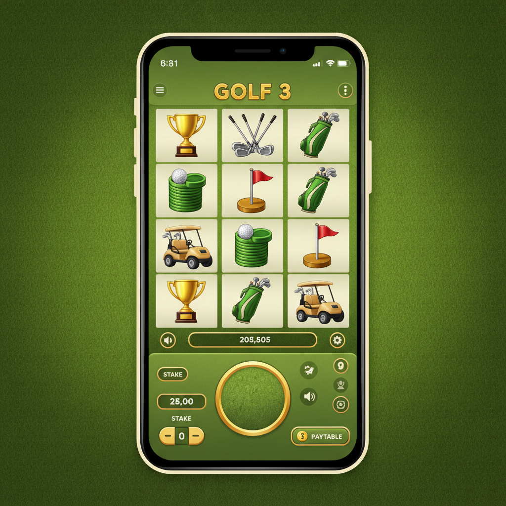 Golf 3 slot game in mobile portrait mode displaying the six-reel layout with stake controls, spin button, and full paytable access visible on a smartphone screen